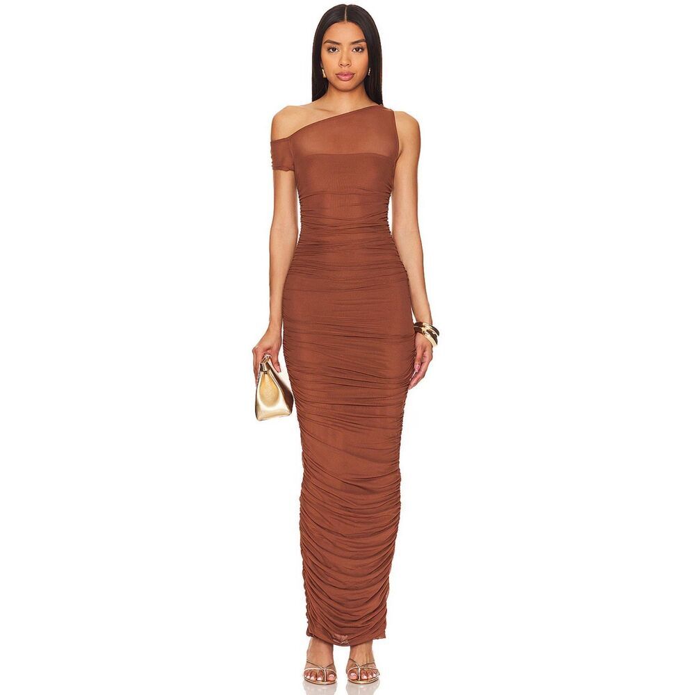 AFRM One-Shoulder Ruched Midi Dress in Brown